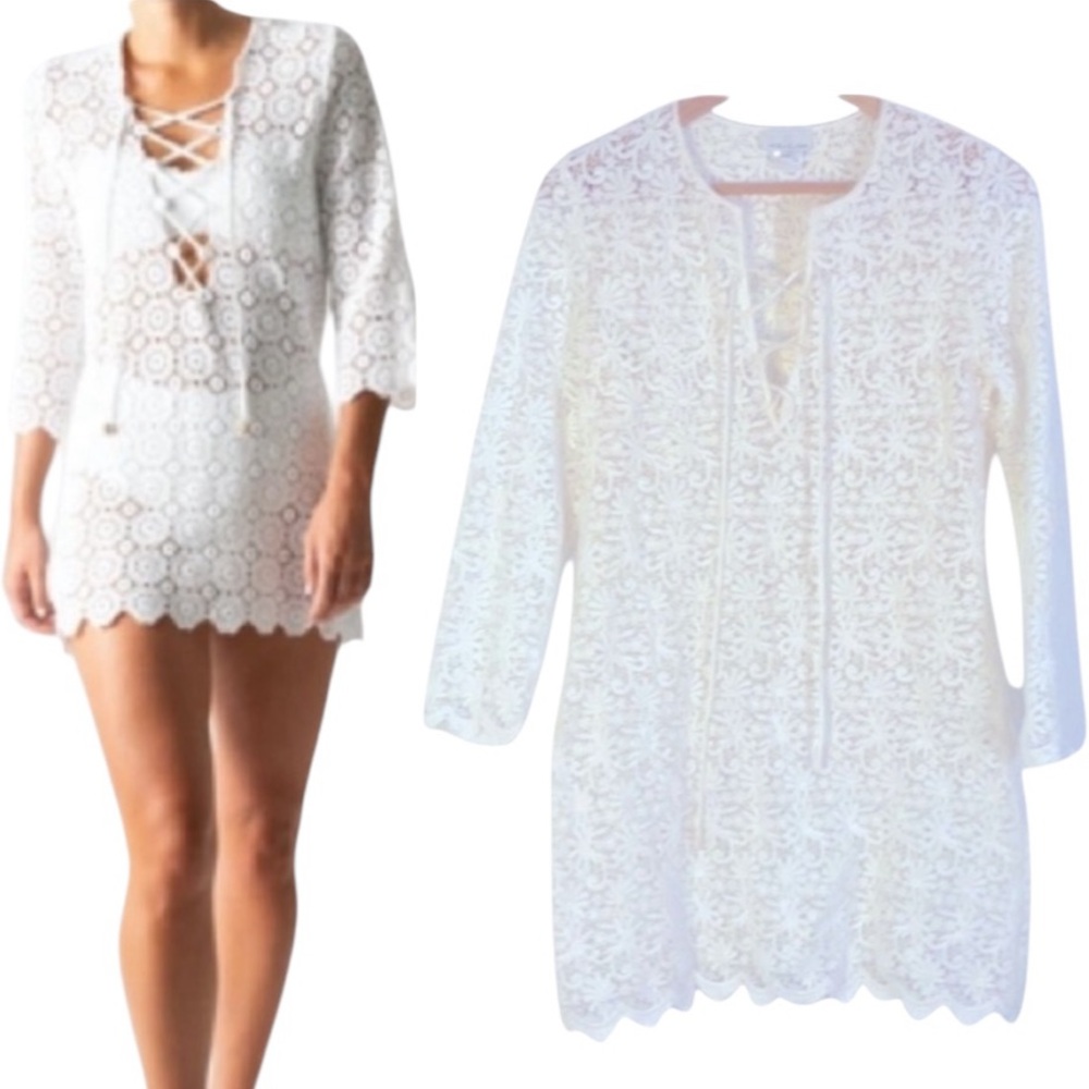 Miguelina Lace Up Crochet White Mini Dress Coverup Vacation Cruise Beach Wedding